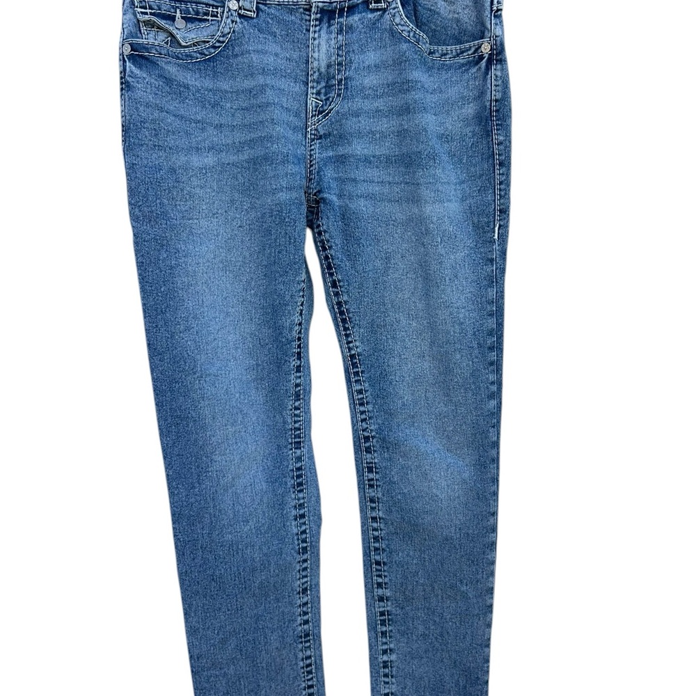 True Religion Geno Big T Flap Jeans Mens 34x31 Blue Relaxed Slim Denim EUC Light